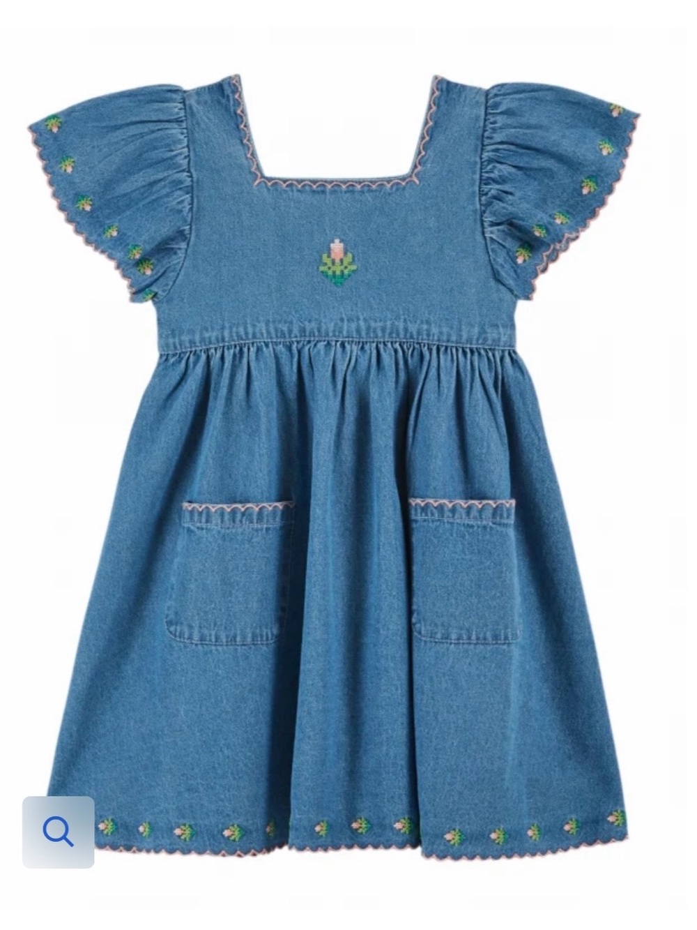 Kids Denim Blue Embroidered Flutter-Sleeve Dress